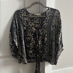 Floral Tie-Front V-Neck Blouse - Navy & Cream